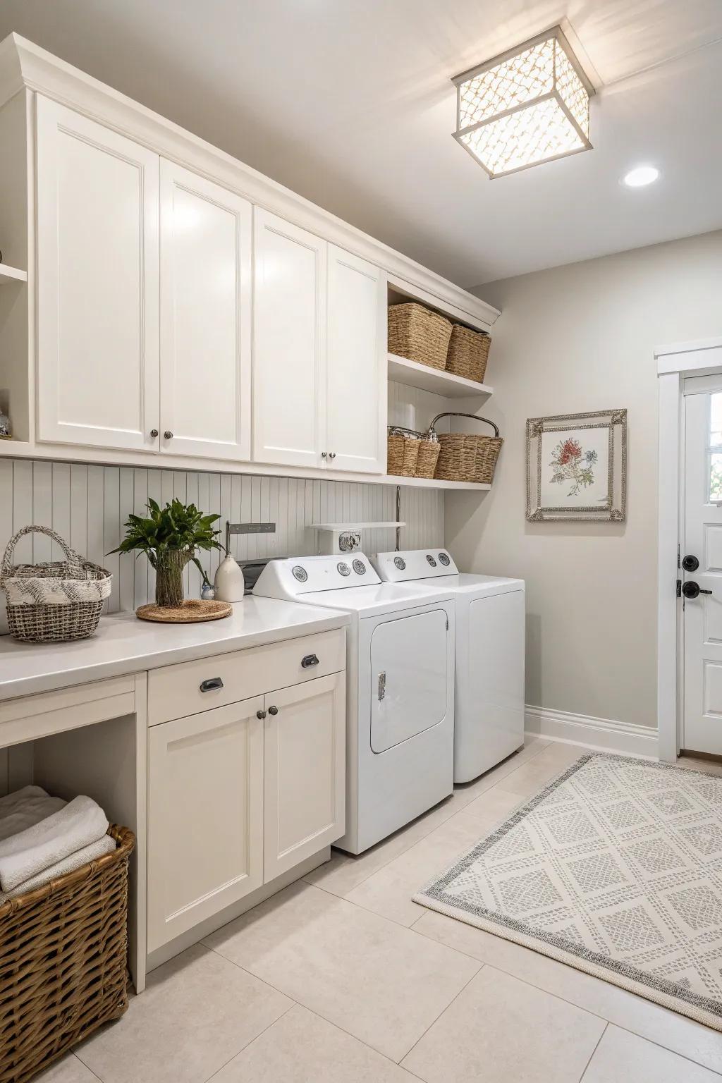 Neutral colors create a serene and cohesive laundry room atmosphere.