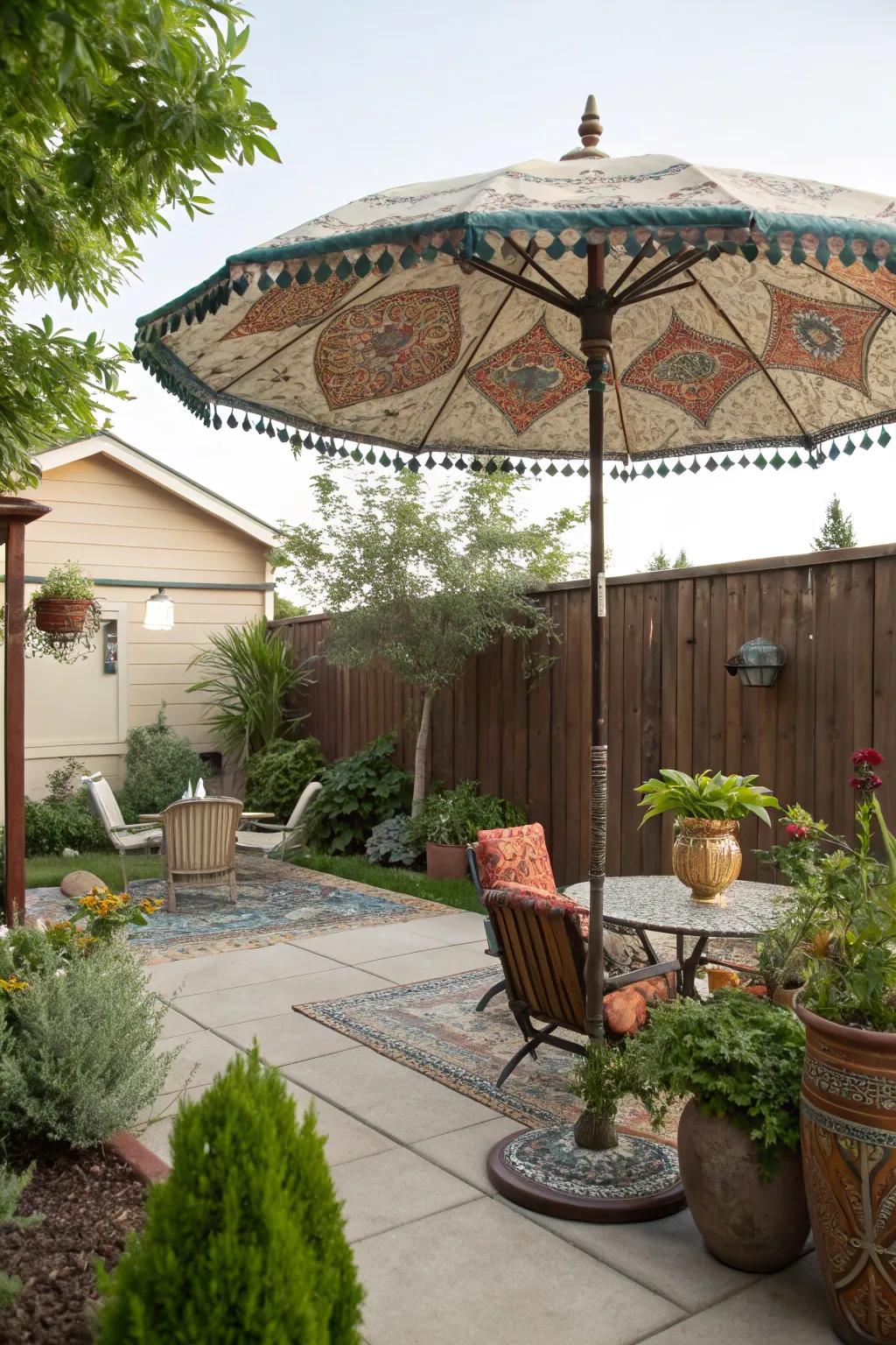 A large umbrella provides shade and style to your patio.