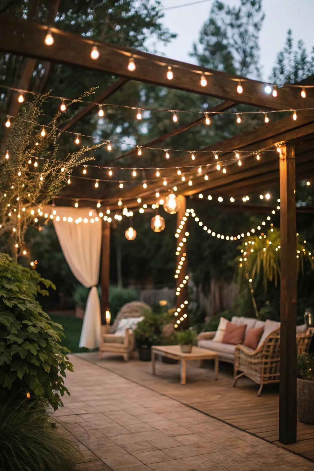 Layered lighting with string and fairy lights for a whimsical touch.