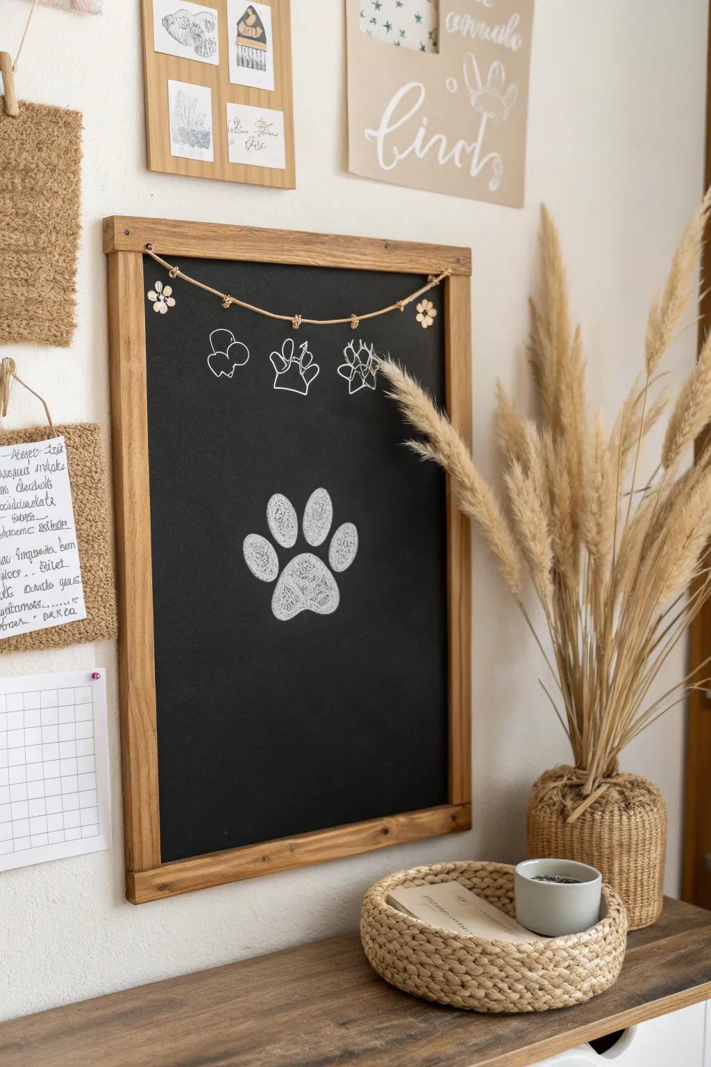 Embrace simplicity and creativity with charming chalkboard paw prints that invite personal touches.