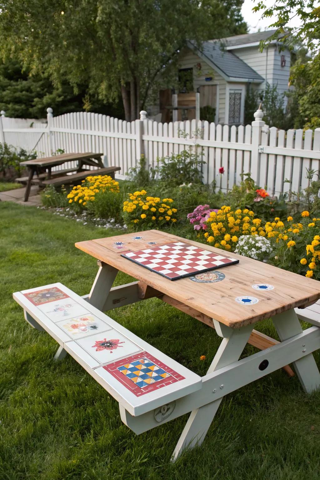 Game boards transform a picnic table into an interactive entertainment center.