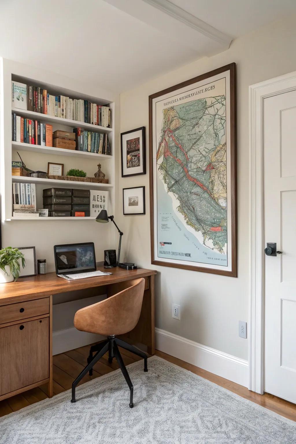 A home office featuring a framed travel map of Boston.