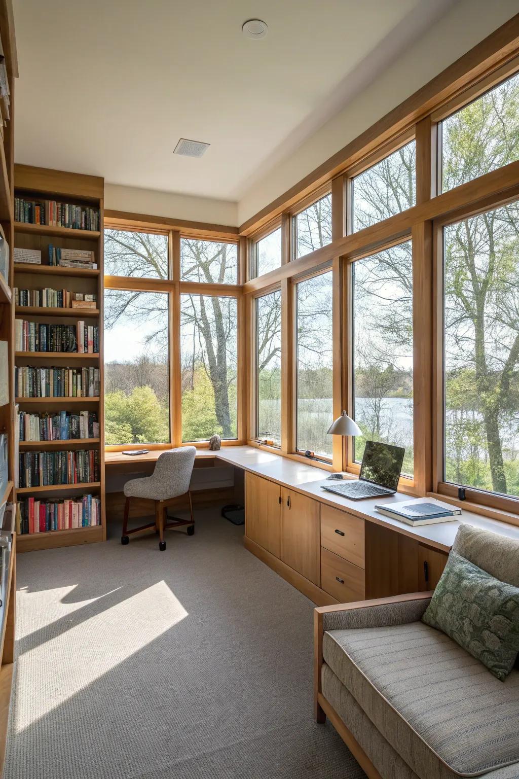 A small study room enhanced by the openness of picture windows.