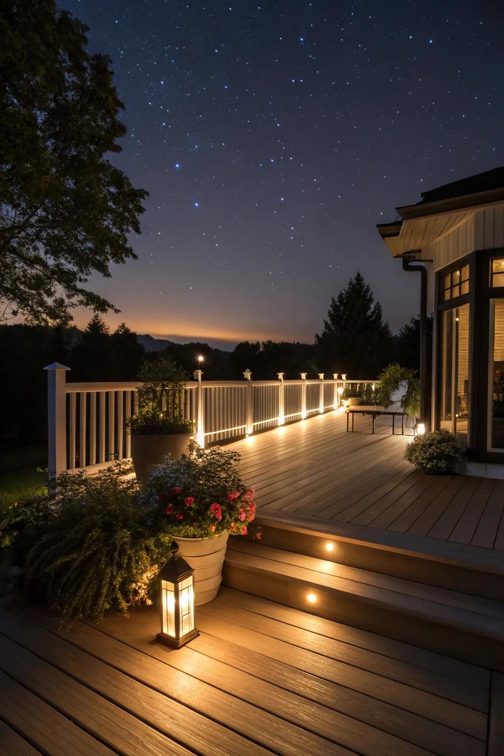 Soft lighting brings a cozy glow to this composite deck at night.