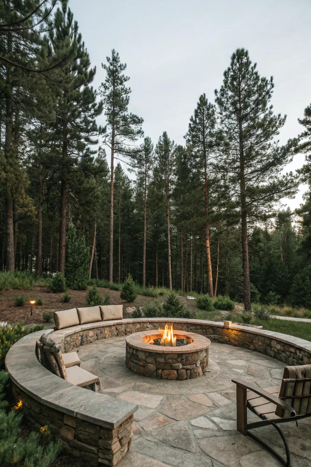 A stone fire pit invites cozy gatherings in the garden.