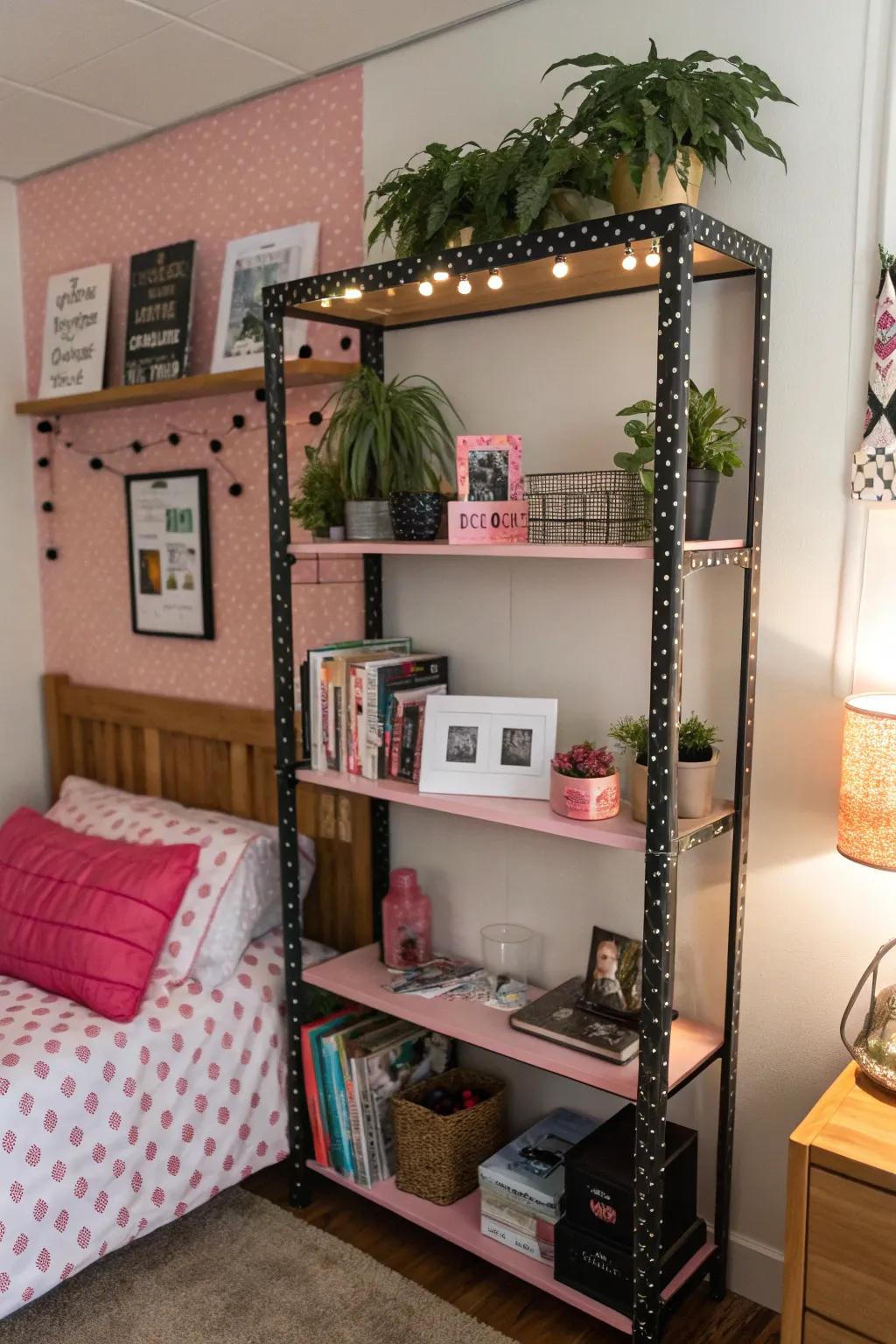 Decorative shelving with pink and black accents for display.