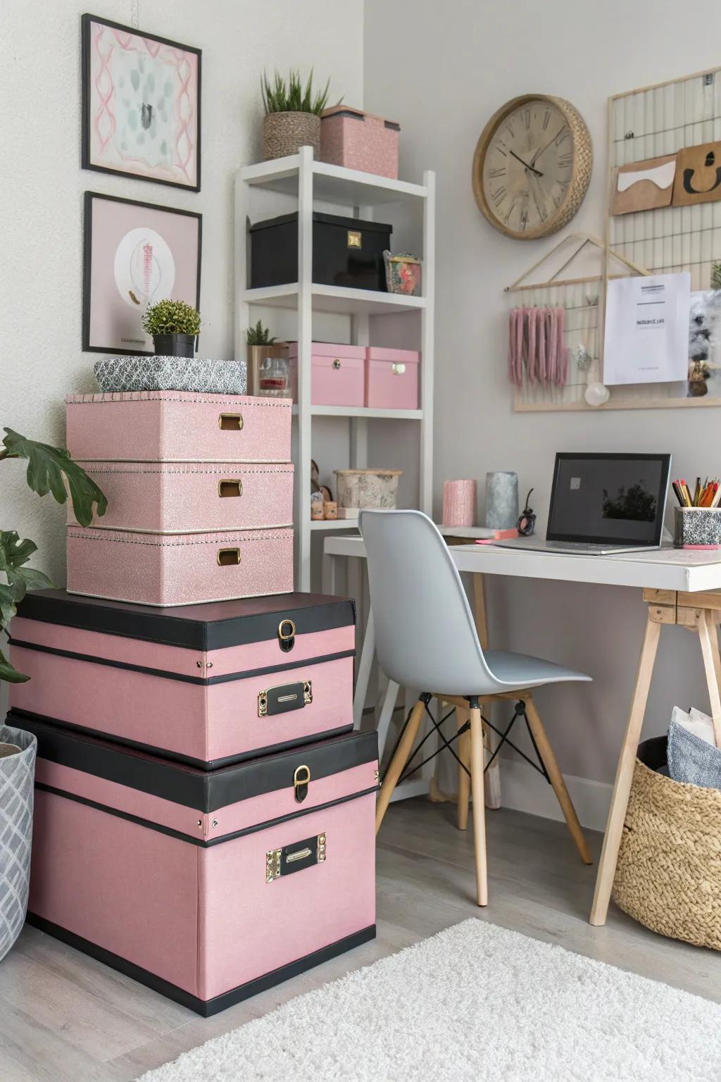 Pink and black storage solutions keep this office organized and on-theme.