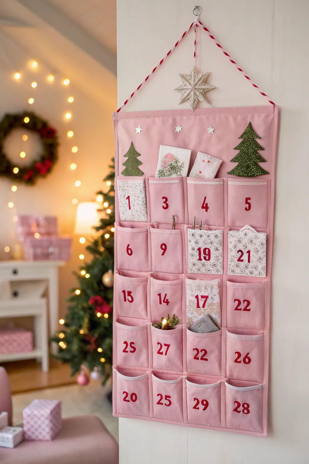 A pink themed advent calendar adds excitement to the holiday countdown.