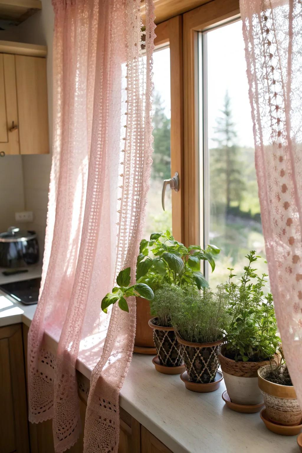 Brighten your kitchen with delicate pink crochet curtains.