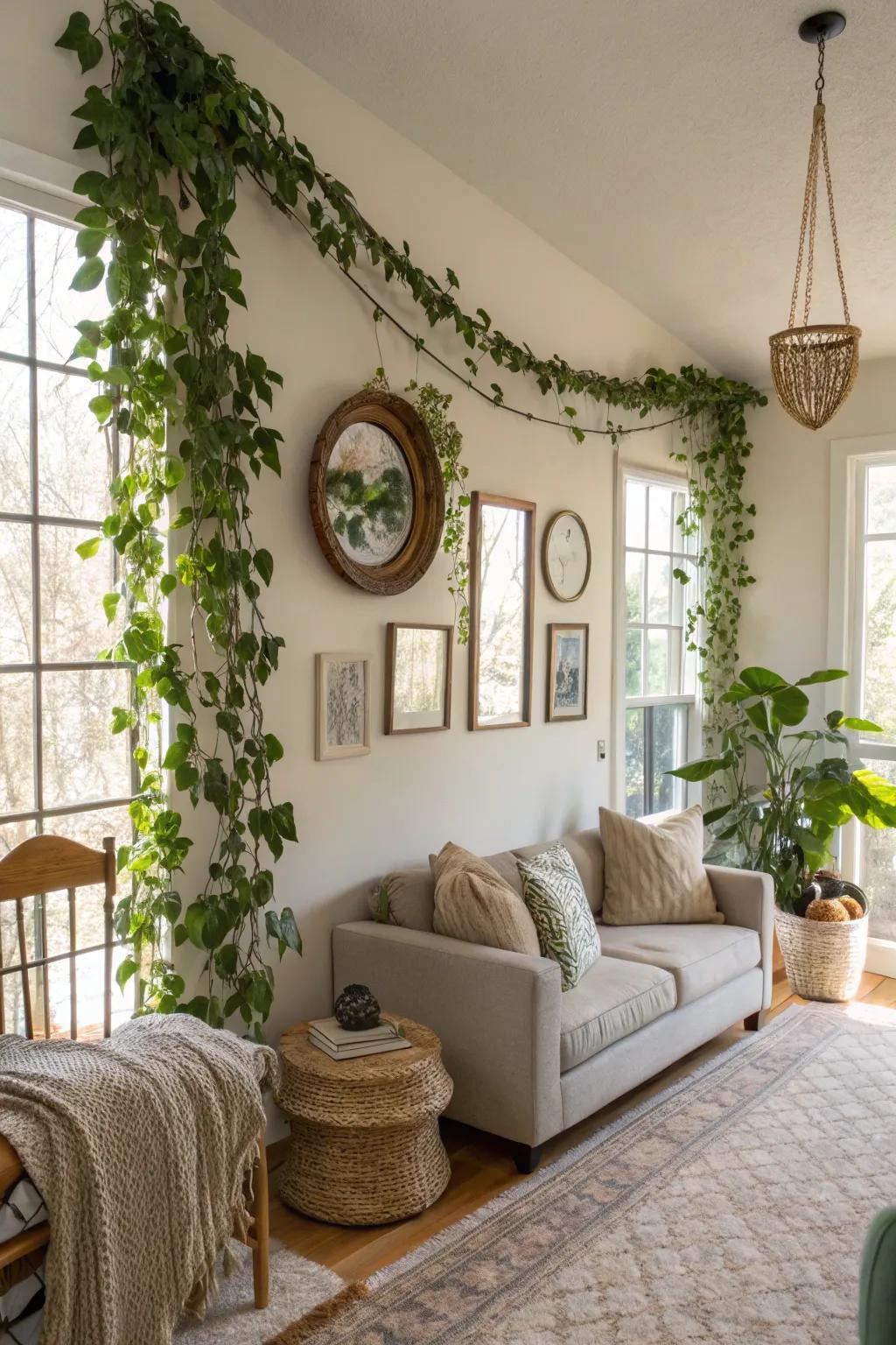 Blend art and nature with draping plants.