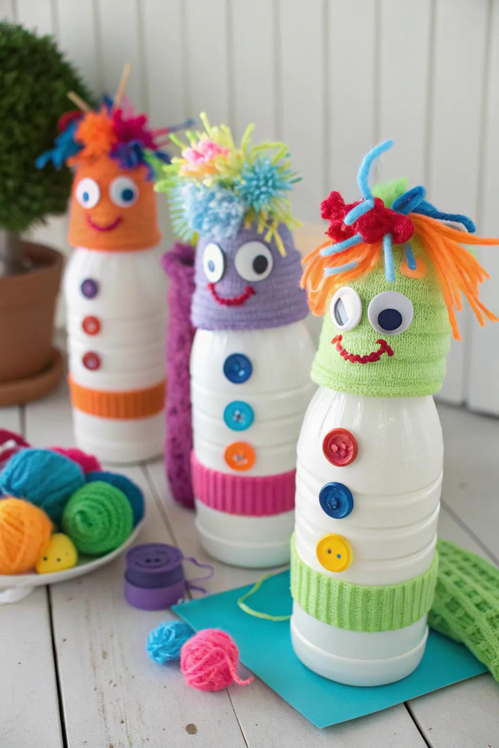 Add some fun to your laundry routine with adorable sock monsters made from milk bottles.