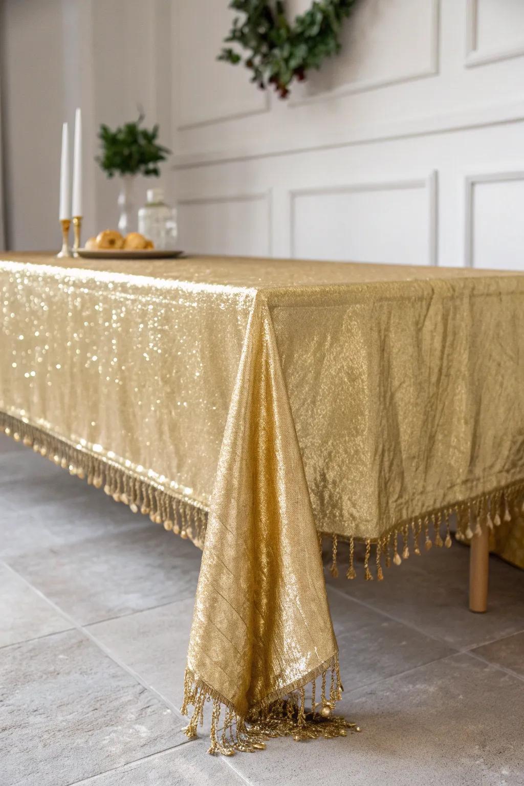 Elevate your event with a touch of glamour - a shimmering golden tablecloth backdrop that exudes luxury and elegance.