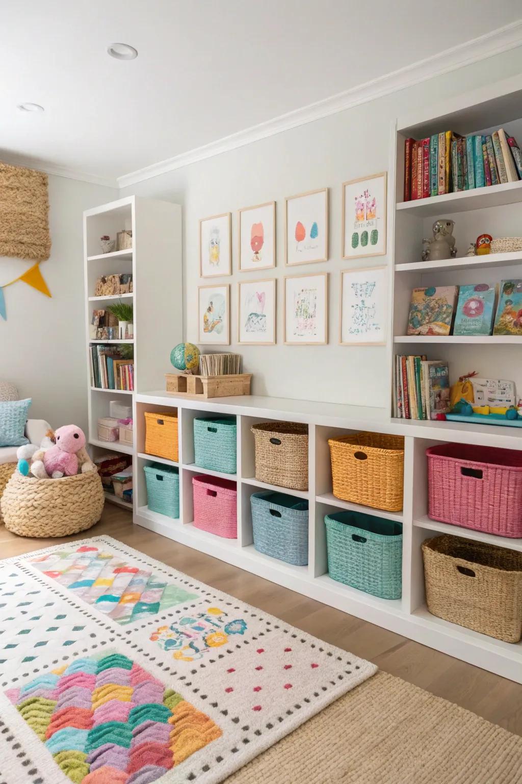 A well-organized playroom with versatile storage options.