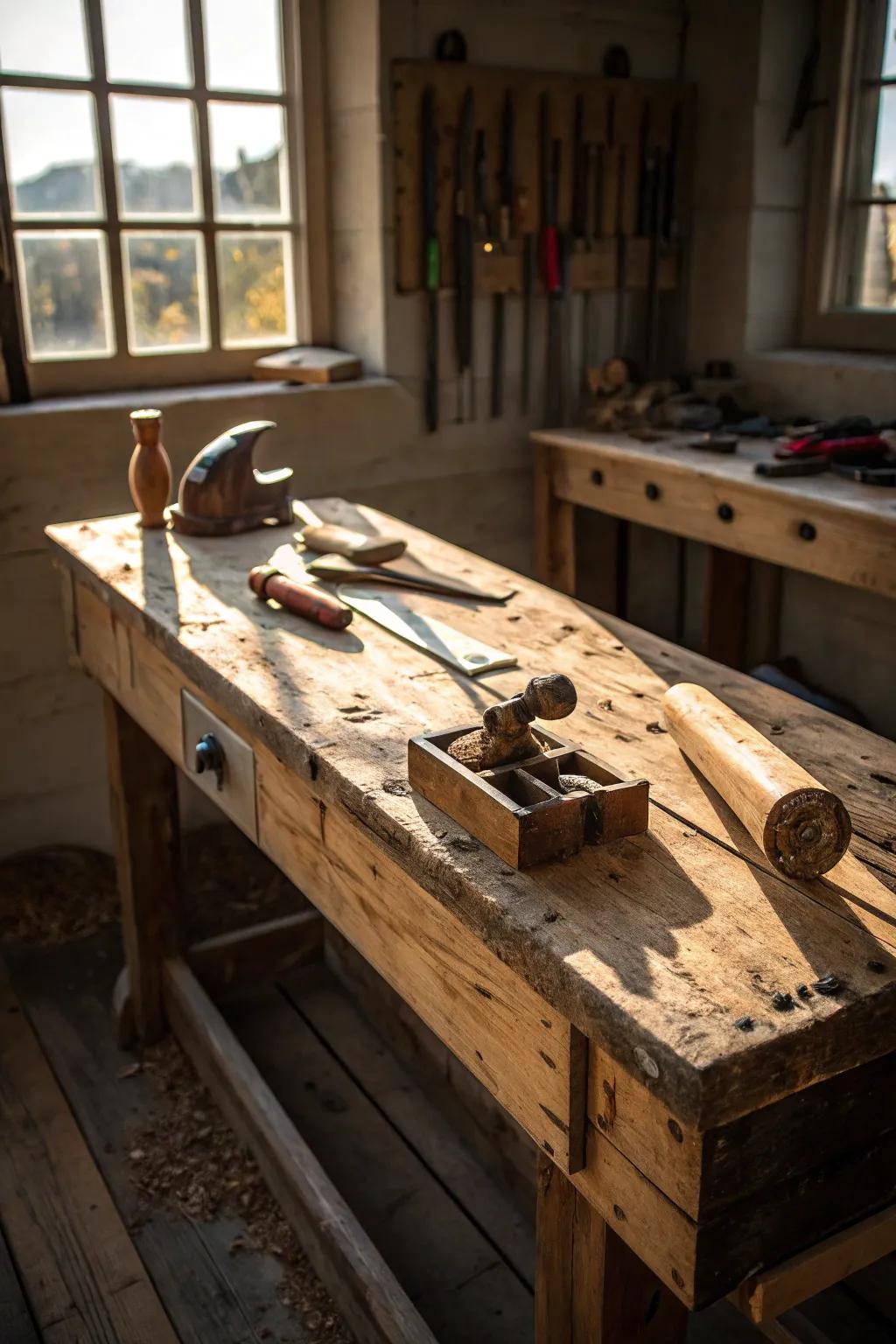 Transform your workspace with a workbench that tells a story—crafted from reclaimed wood for a touch of history and sustainability.