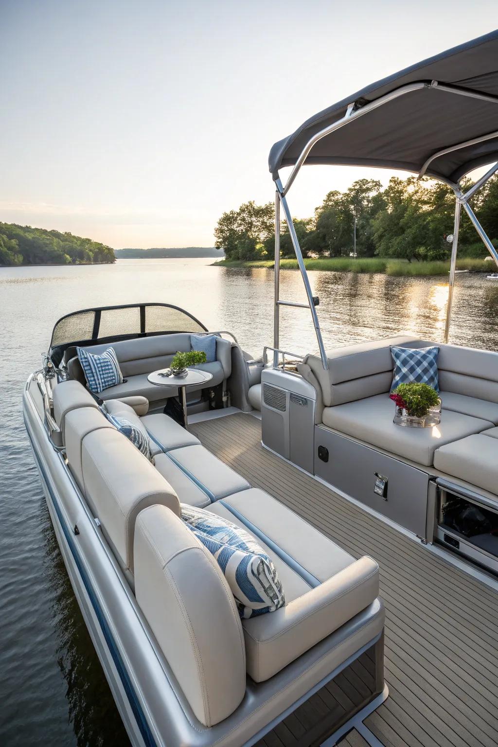 Marine sofas add comfort and style to the pontoon's seating area.