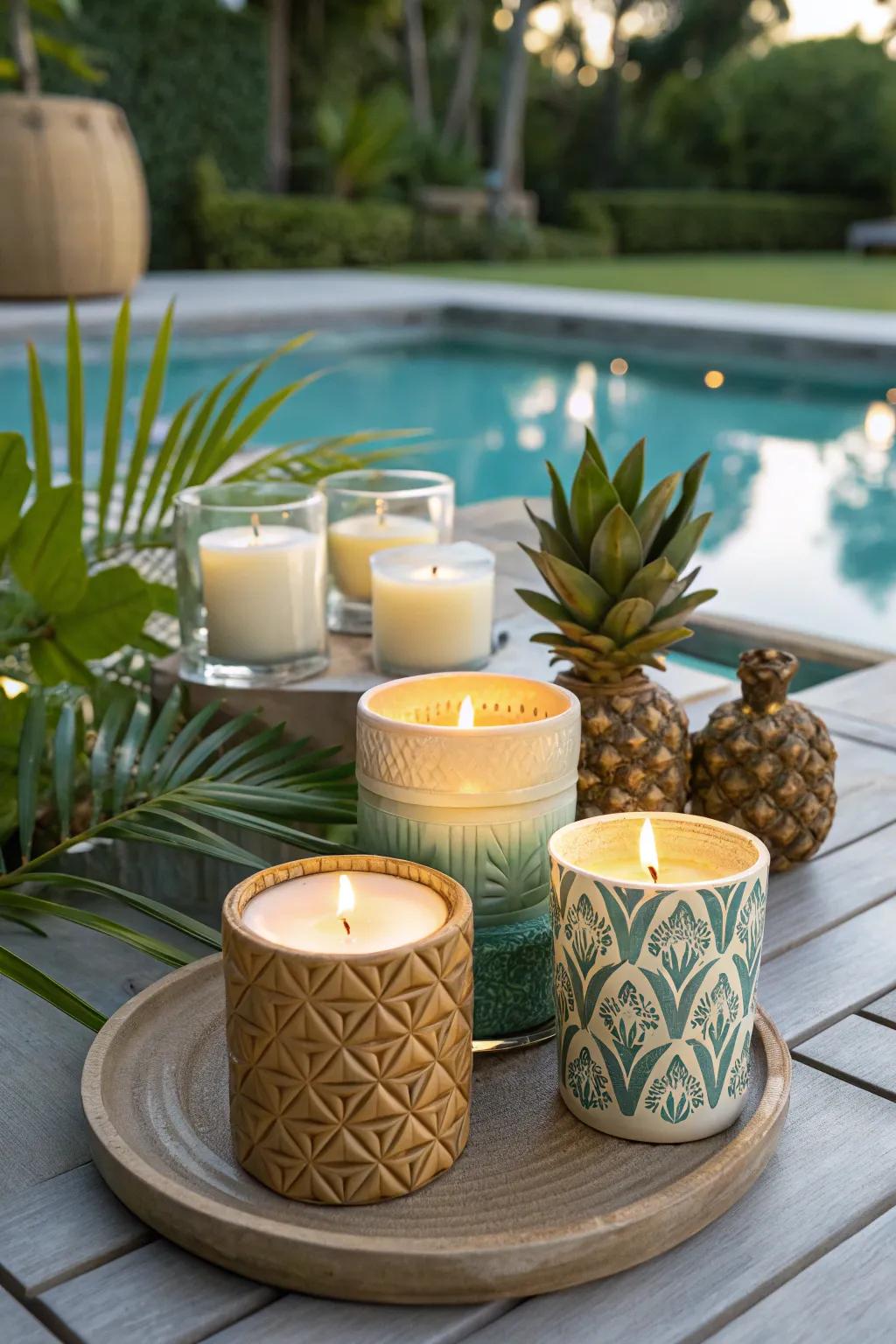 Scented candles bring the tropical vibe home.