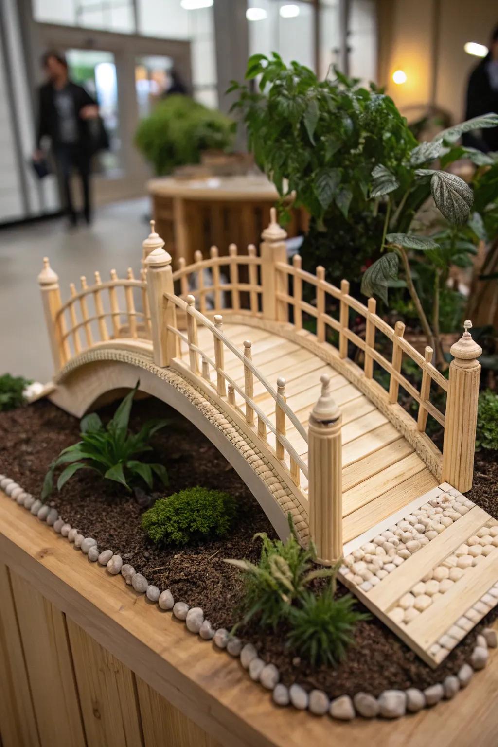 Elevate your indoor garden with a handcrafted popsicle stick footbridge, a testament to meticulous craftsmanship.