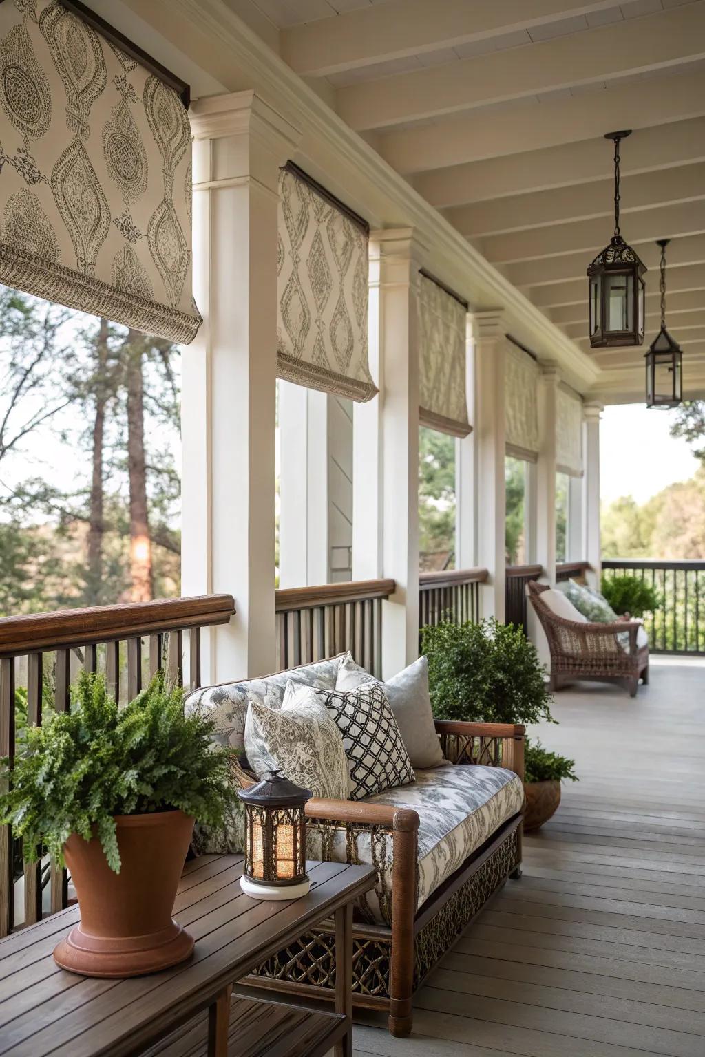 Roman shades add sophistication to your porch retreat.