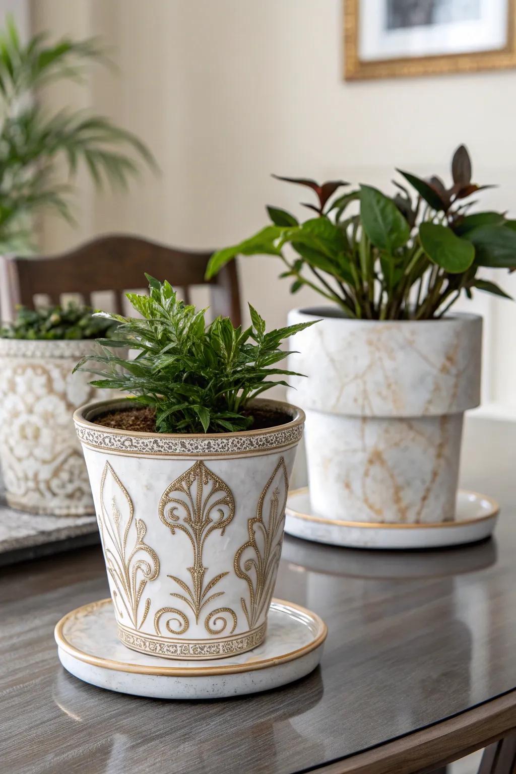 Faux marble effects give plant pots a sophisticated look.