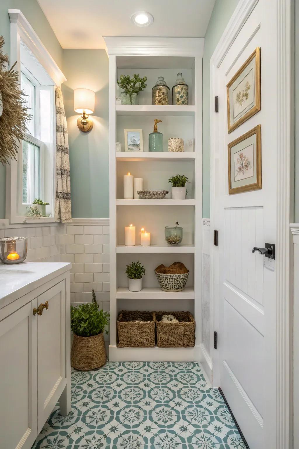 Open shelving can add both function and style to your powder room.