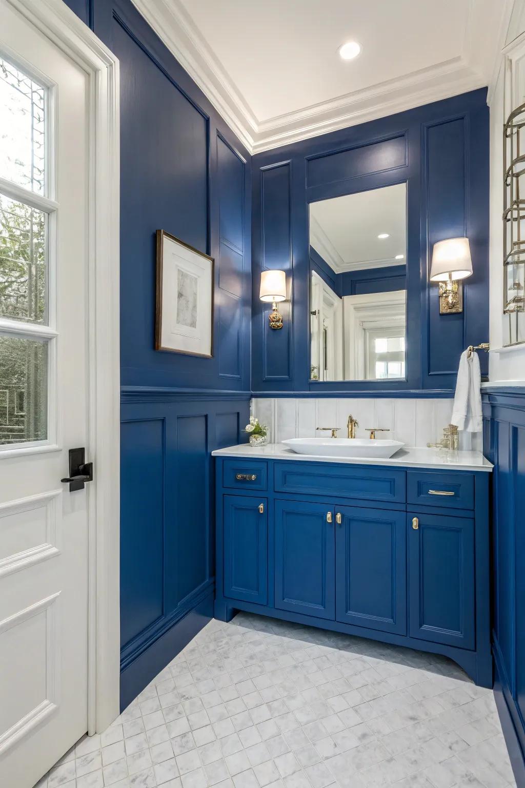 Royal blue wainscoting adds regal elegance.