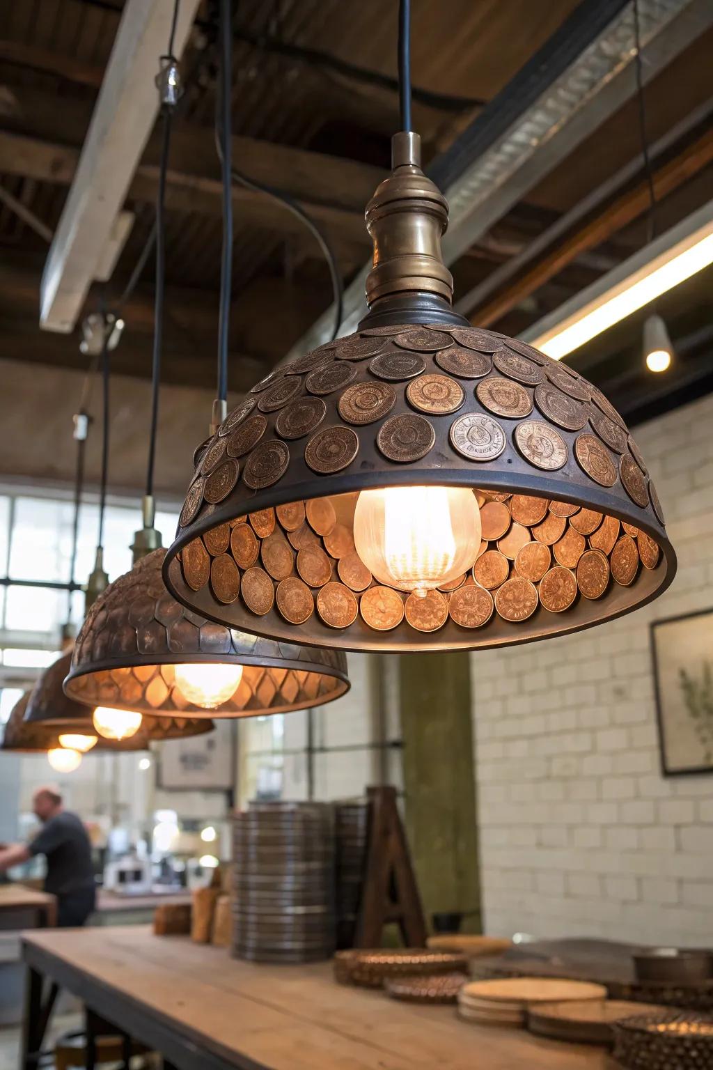 Add a cozy, industrial touch with penny-adorned pendant lights.