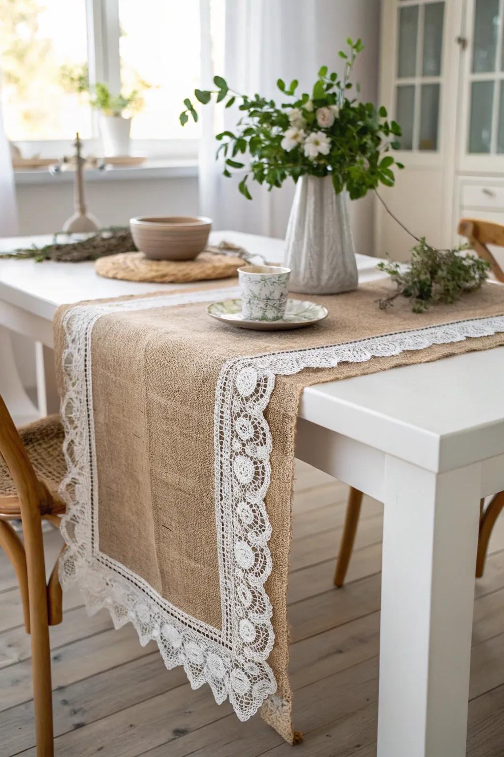 Elevate your dining space with rustic elegance: a burlap table runner with lace accents.