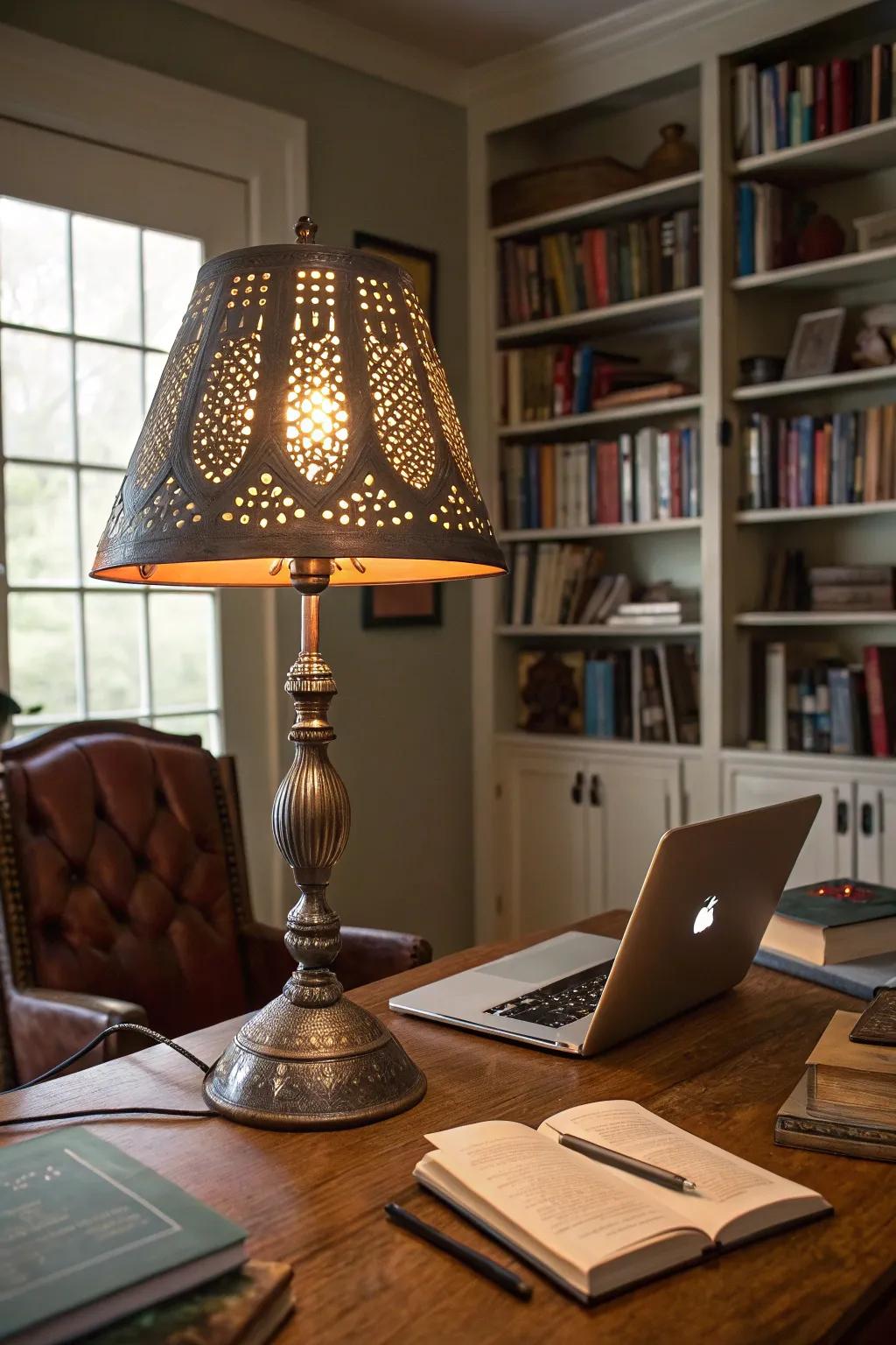 A tin punch lamp shade casting decorative patterns in a study room.