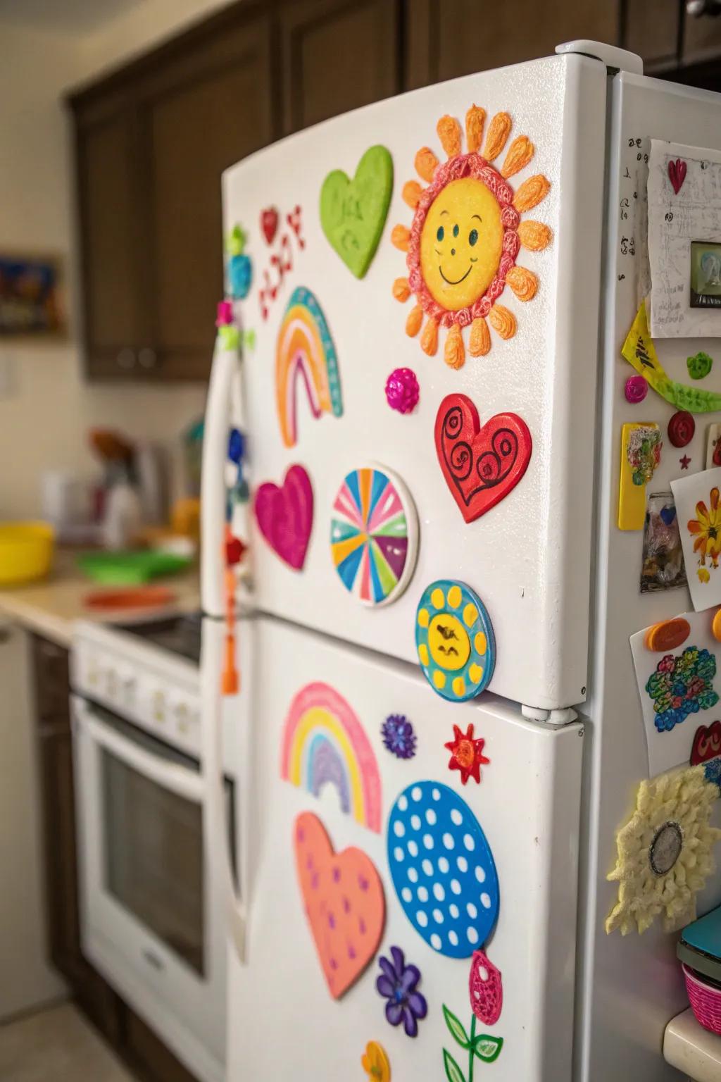 Add a splash of color to your kitchen with puffy paint magnets.