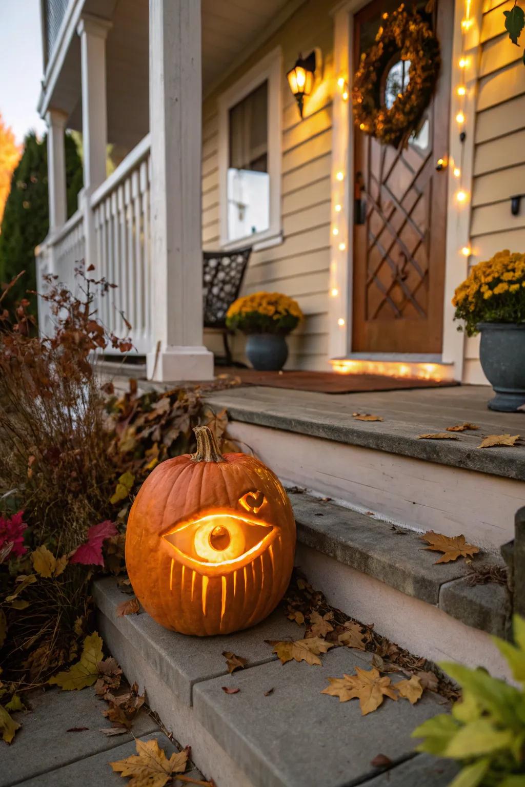 A mischievous cyclops pumpkin adds playful charm to your decor.