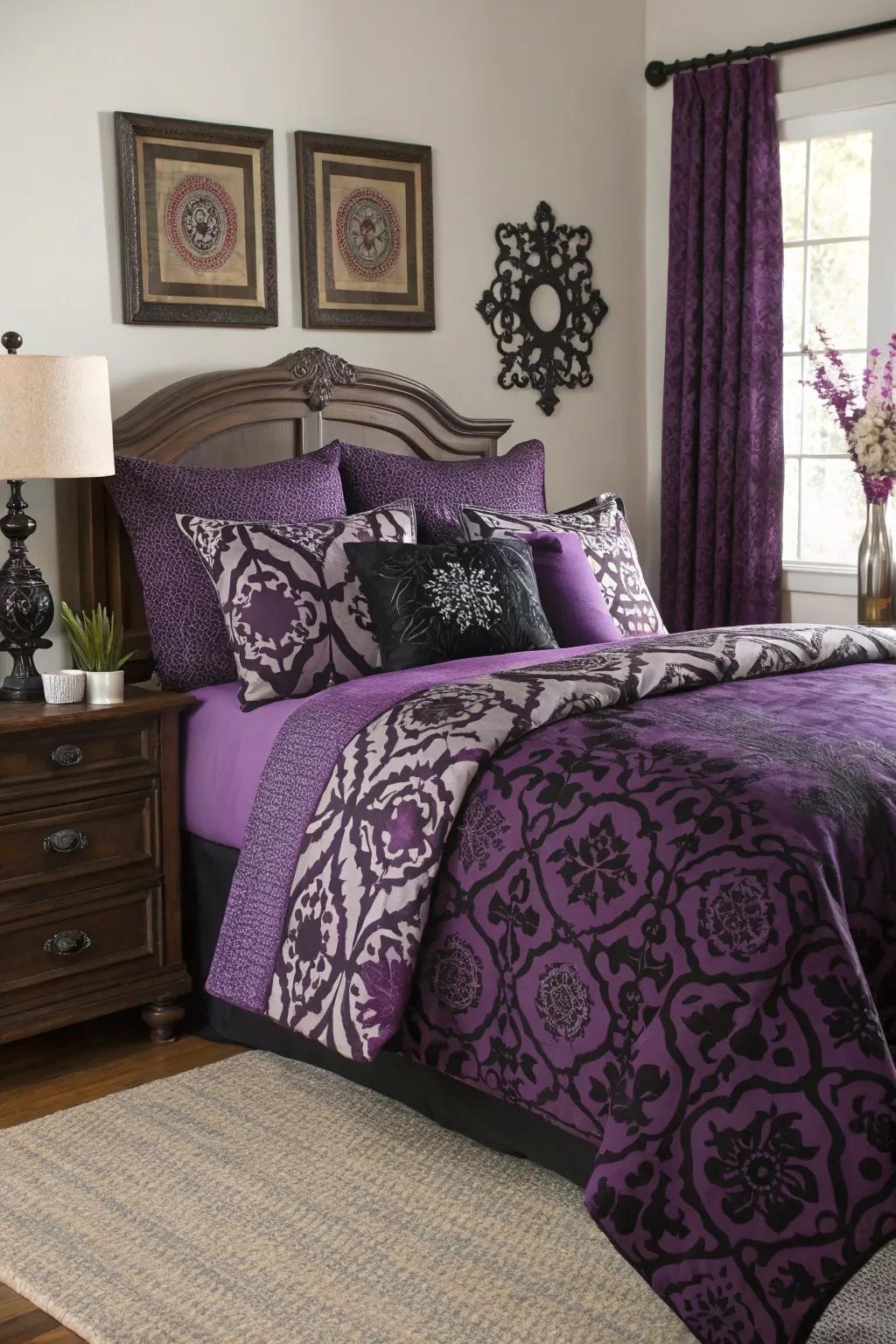 An eclectic mix of patterns brings energy and style to the bedroom.