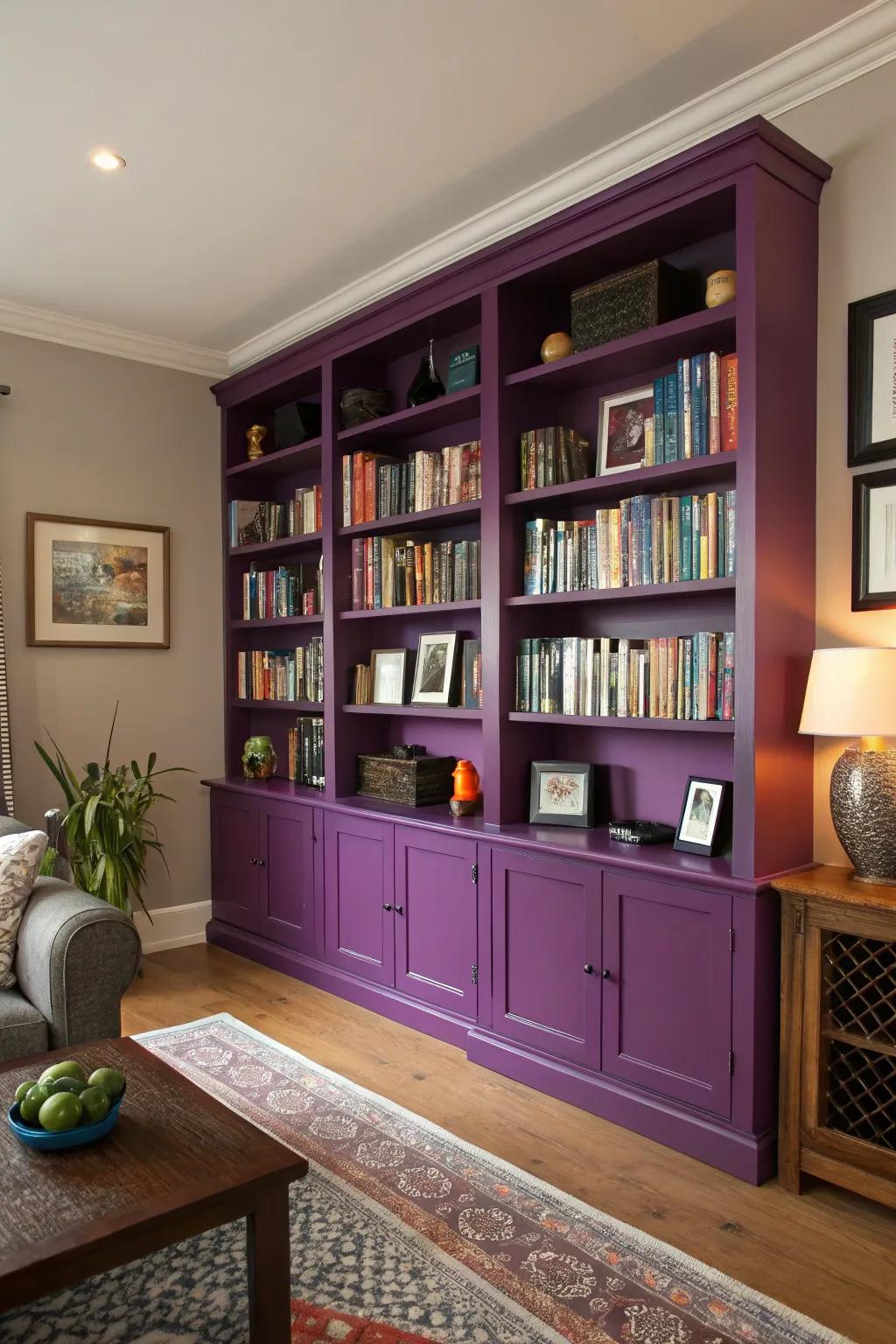 Purple bookshelves as a vibrant focal point.