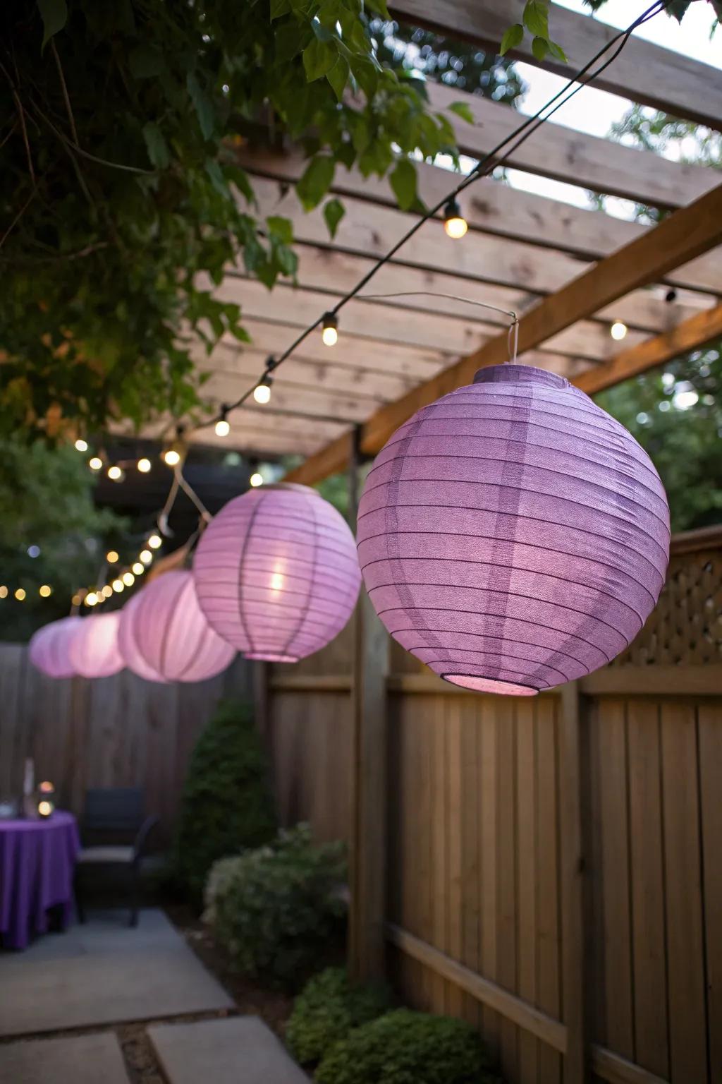 Purple paper lanterns that add a whimsical touch to your decor.