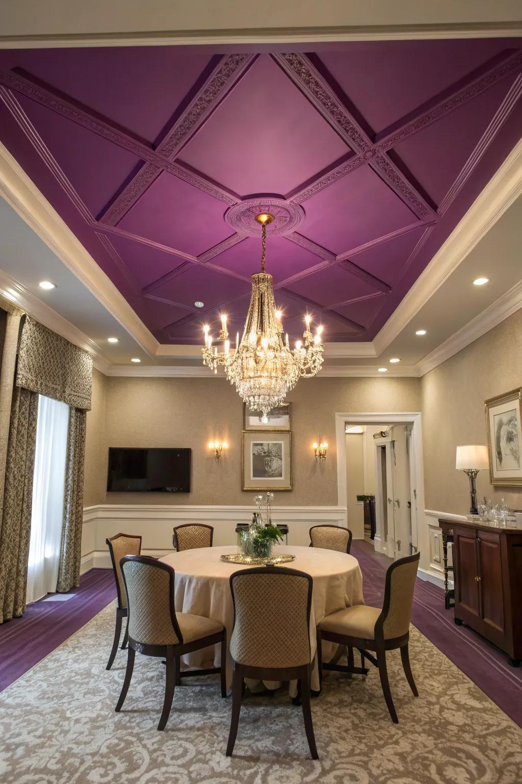 A purple ceiling adds an unexpected and intimate feel to the dining room.