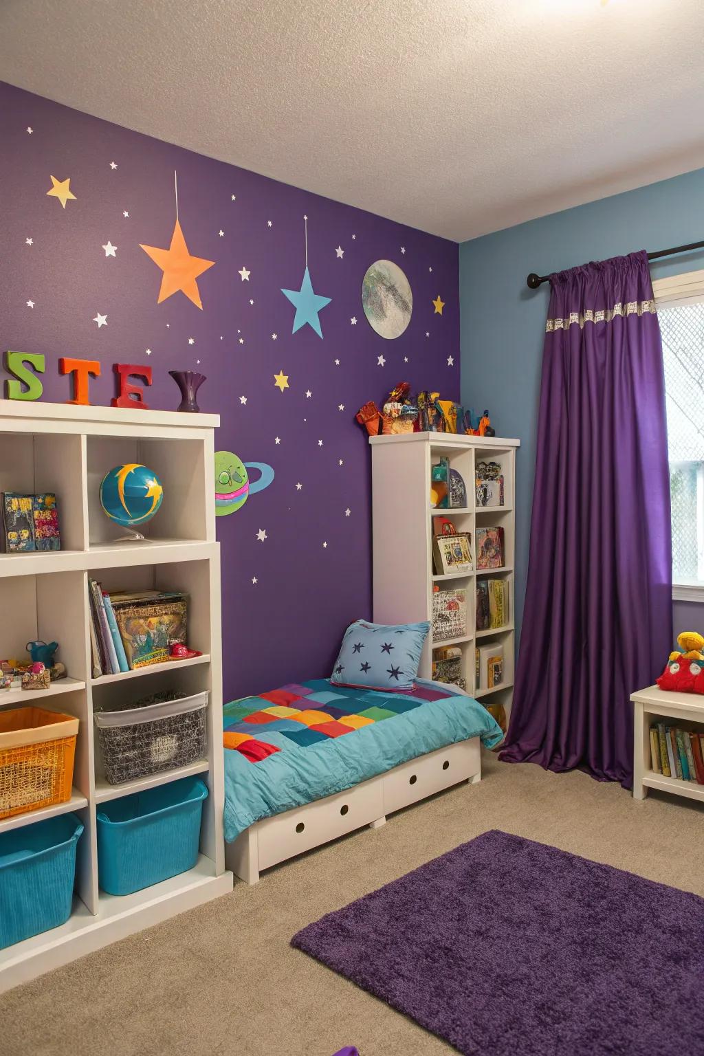 Purple wall decals add fun and creativity.