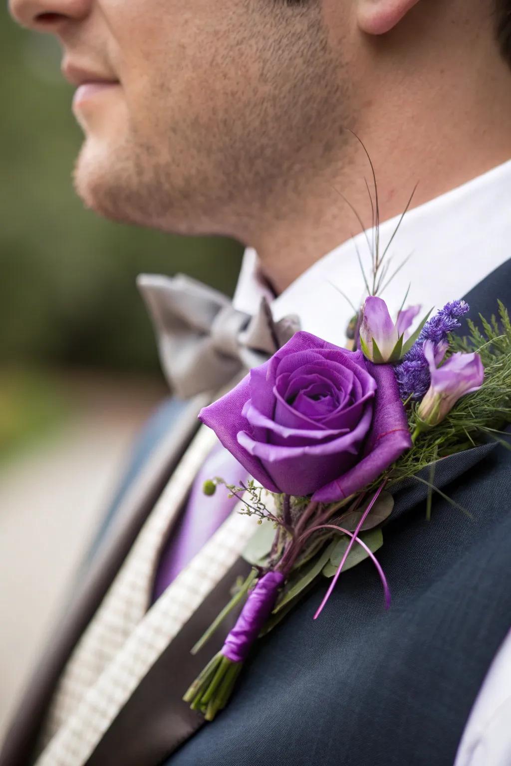 A groom's boutonniere featuring a touch of purple.