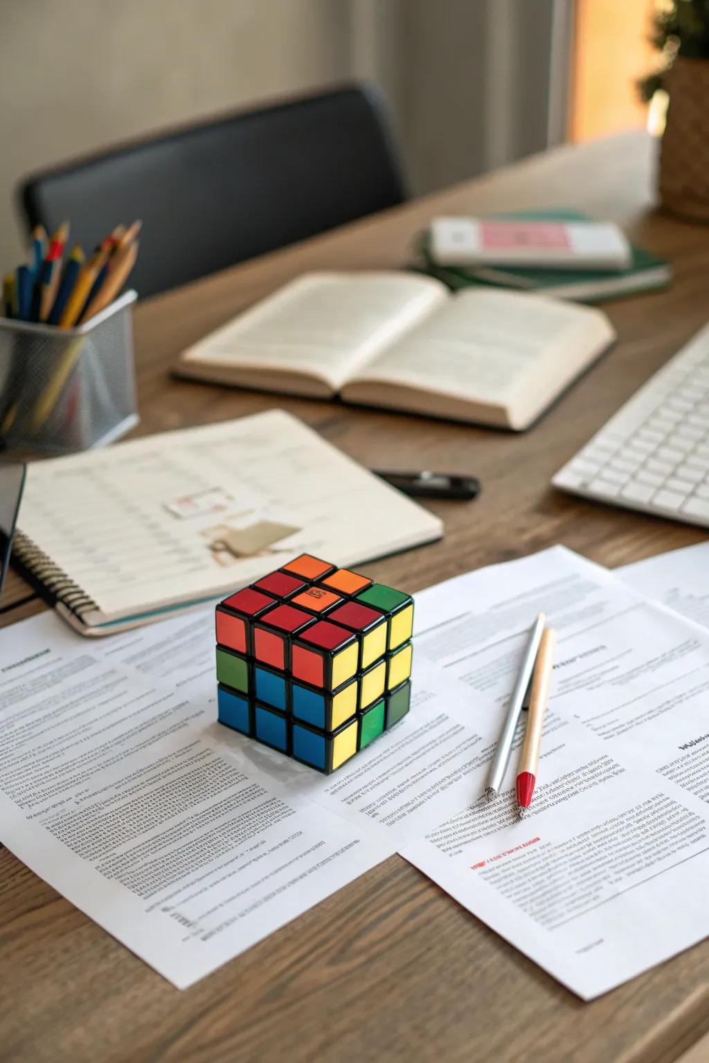 A puzzle cube paperweight adds charm and function to this workspace.