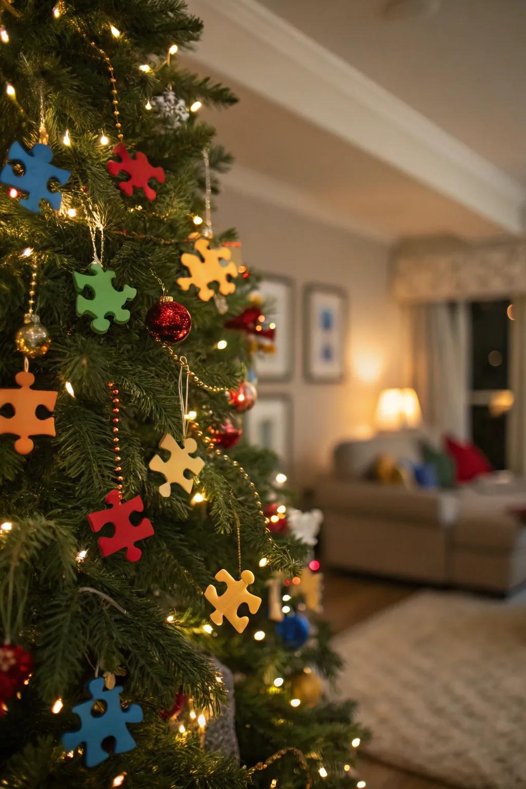 Puzzle piece ornaments add a personal touch to holiday decorations.