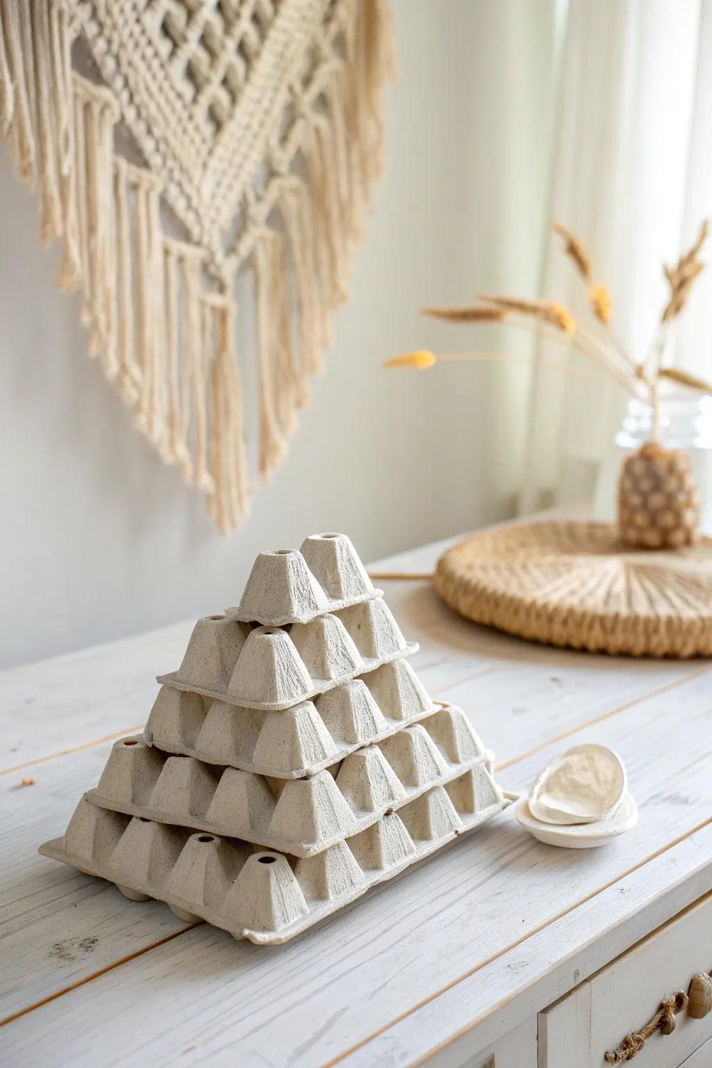 Transforming everyday materials into eco-friendly art: Discover the beauty in simplicity with this egg carton pyramid craft for little hands.