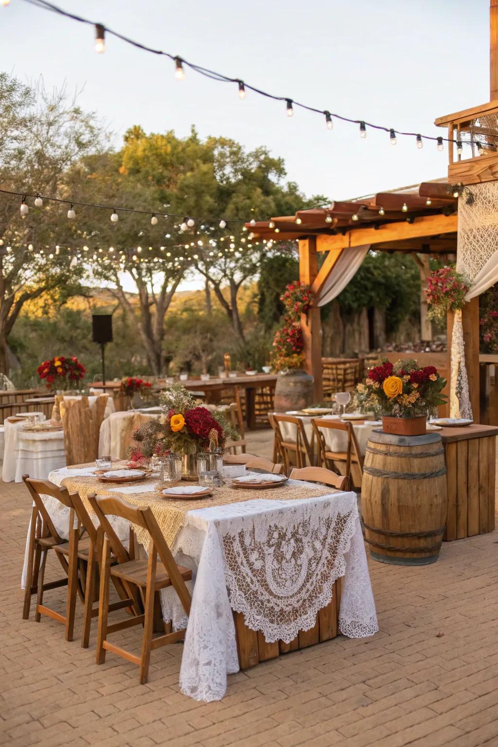 A cozy rustic charm-themed quinceanera with natural wood and earthy tones.