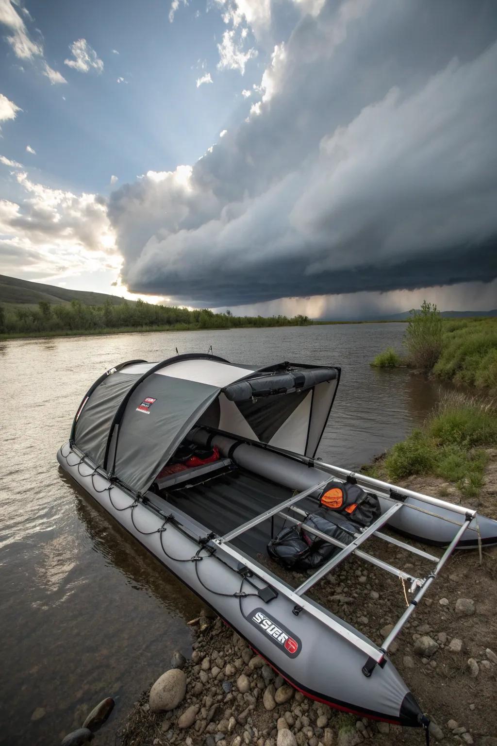 Stay dry and stylish on the river: Discover the craftsmanship of pop-up shelters in raft frames.
