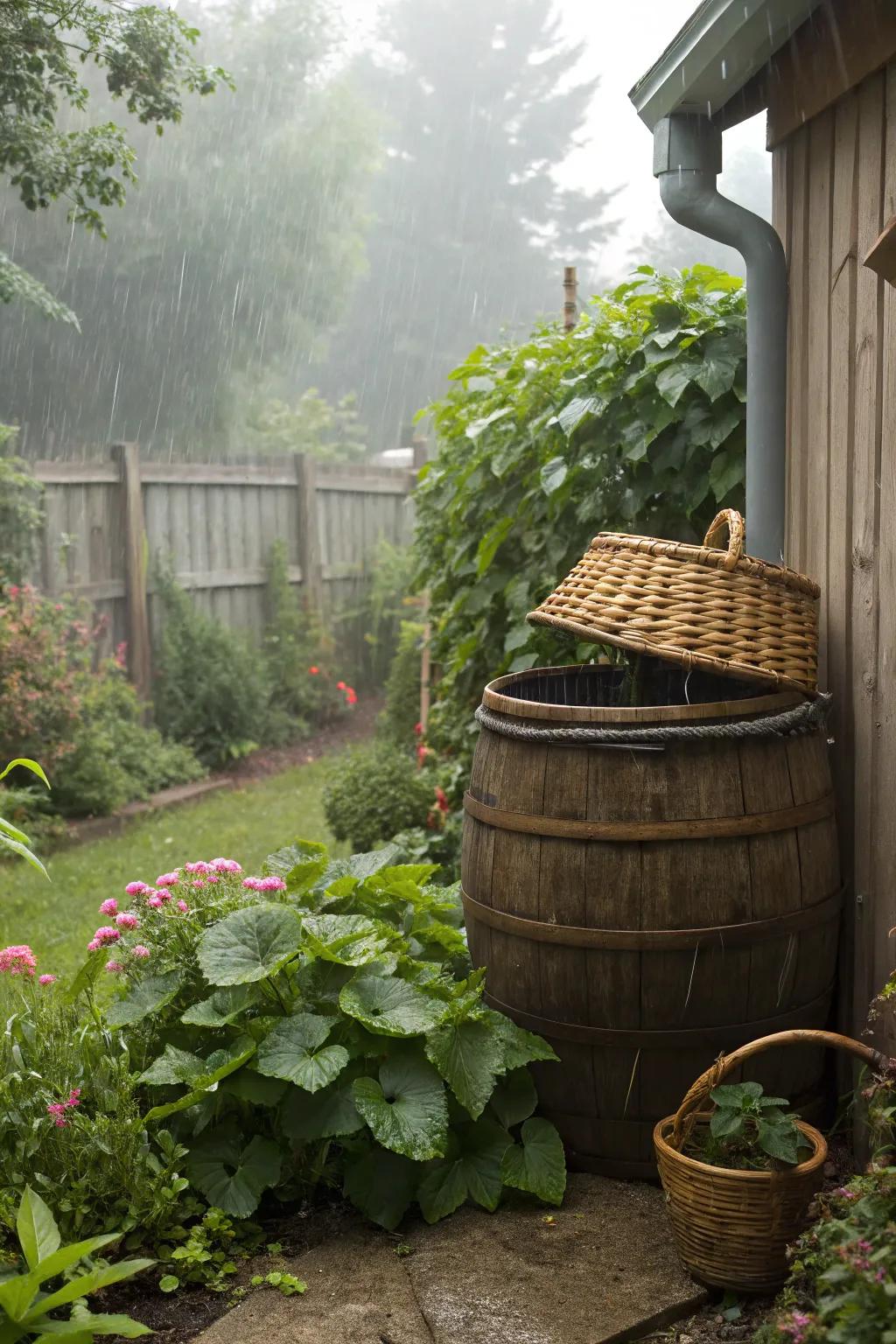 Wicker basket covers offer a rustic and elegant way to hide your rain barrel.