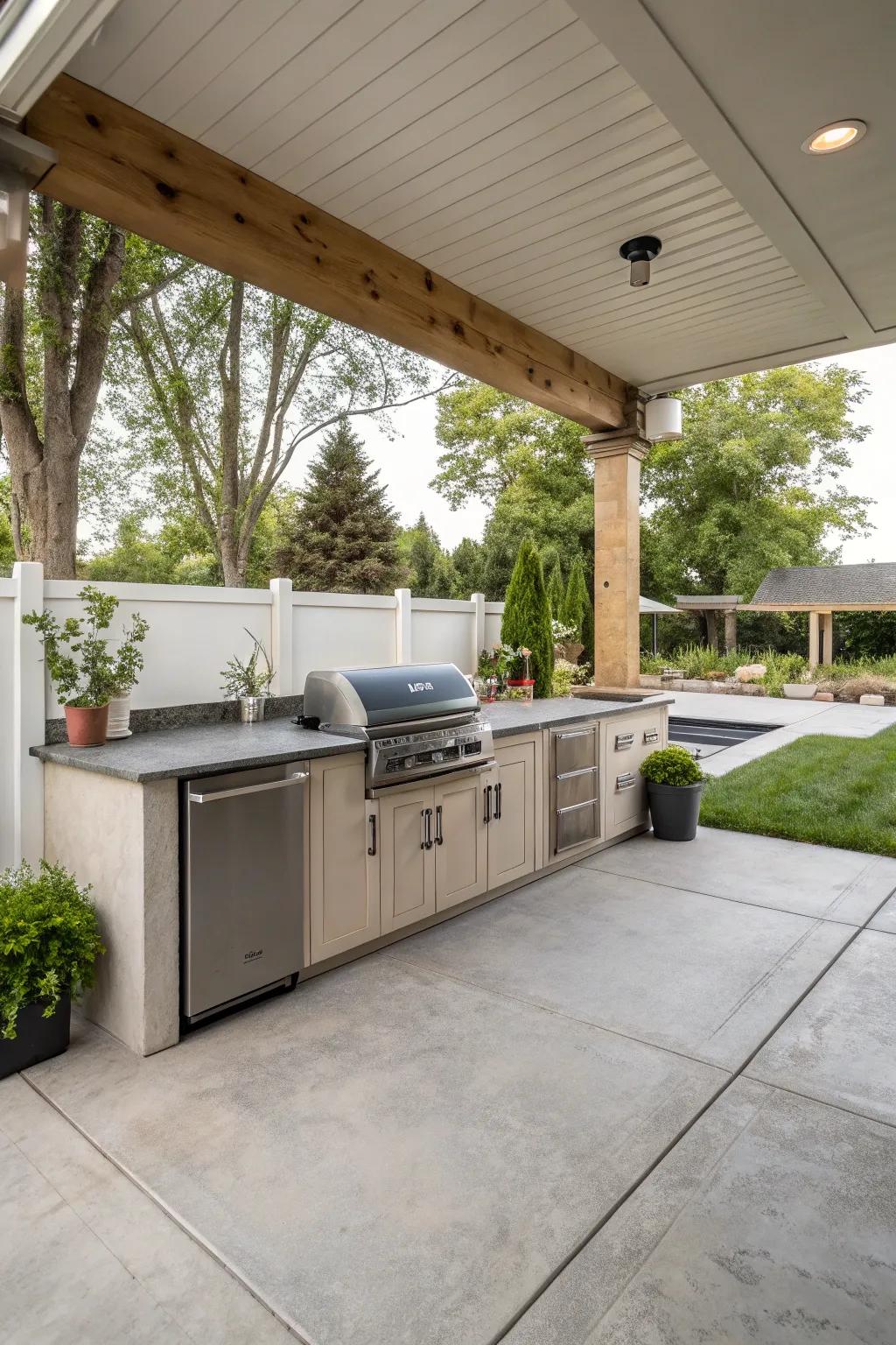 An outdoor kitchen transforms this raised concrete patio into an entertainer's dream.