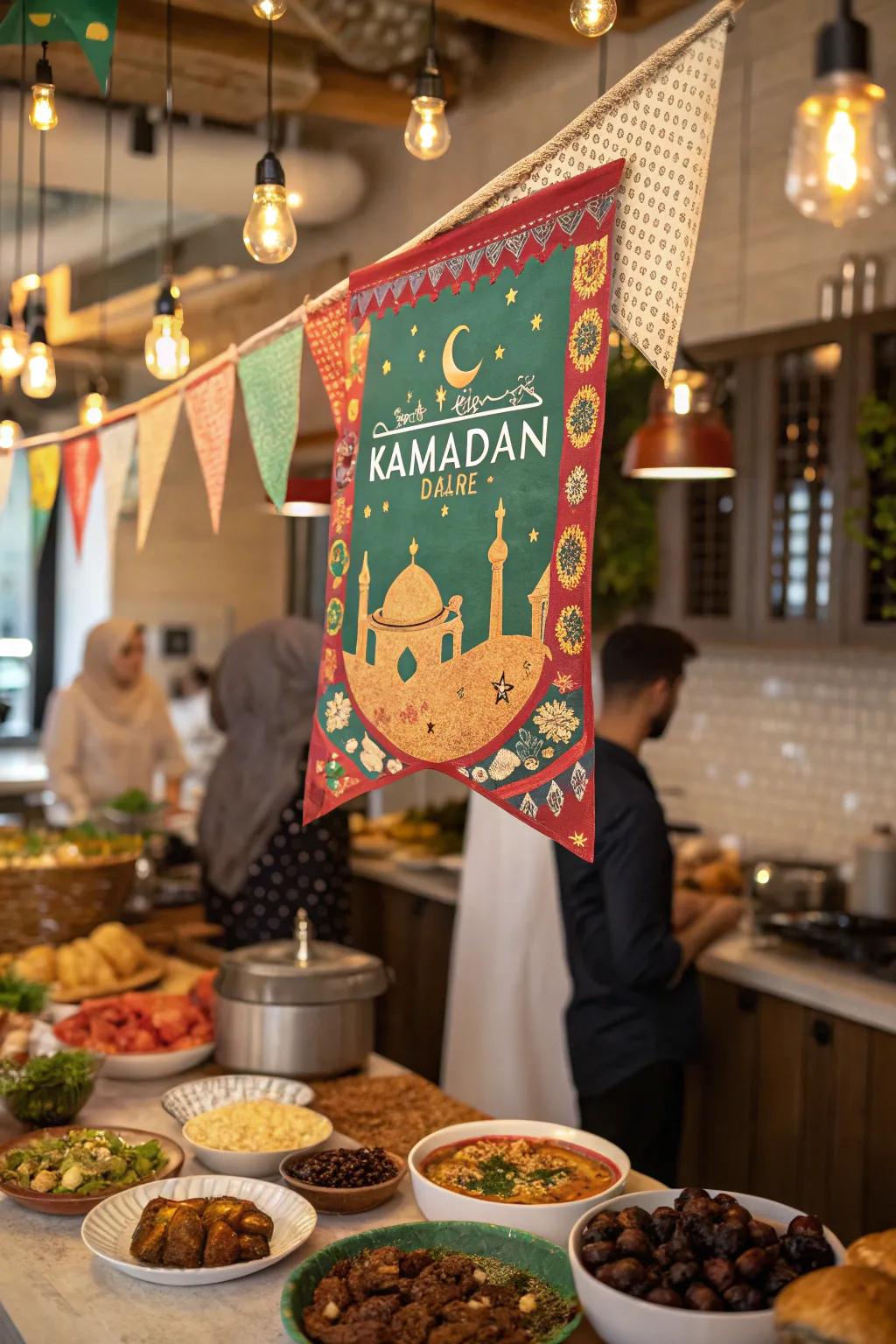 A festive banner-themed poster adds cheer to the kitchen.