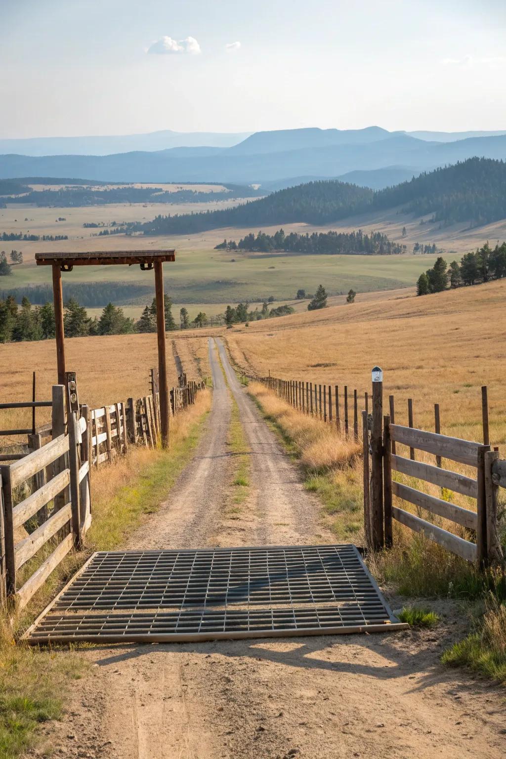 Cattle guards provide practical security at this ranch entrance.