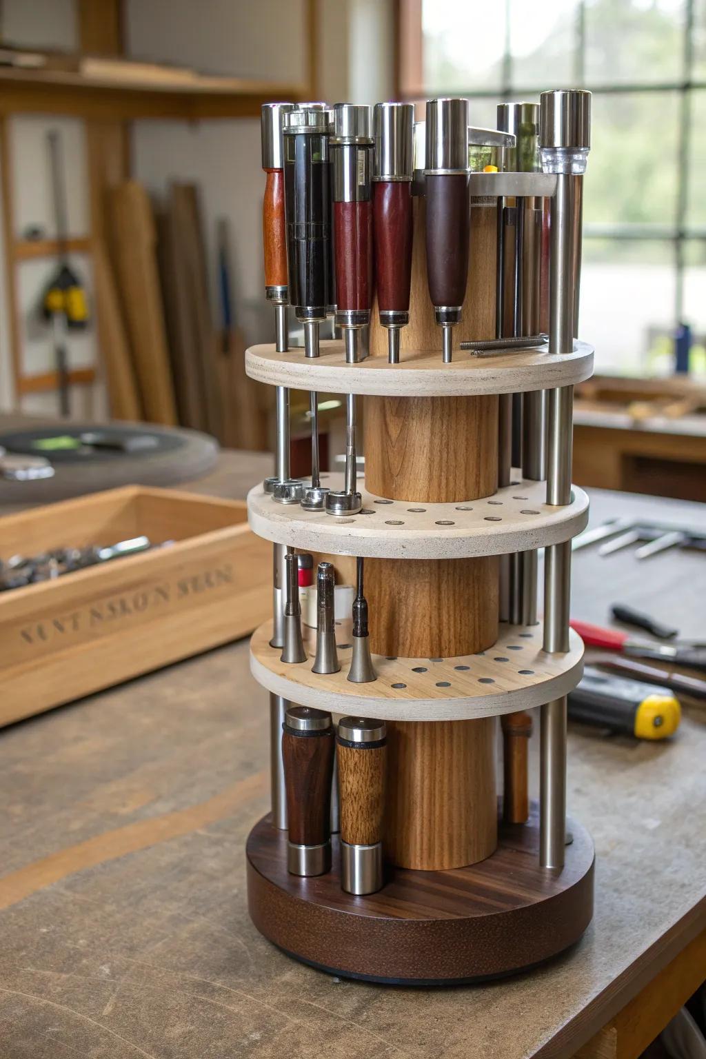 Discover the art of organization with this elegant rotating tool tower - where craftsmanship meets convenience.