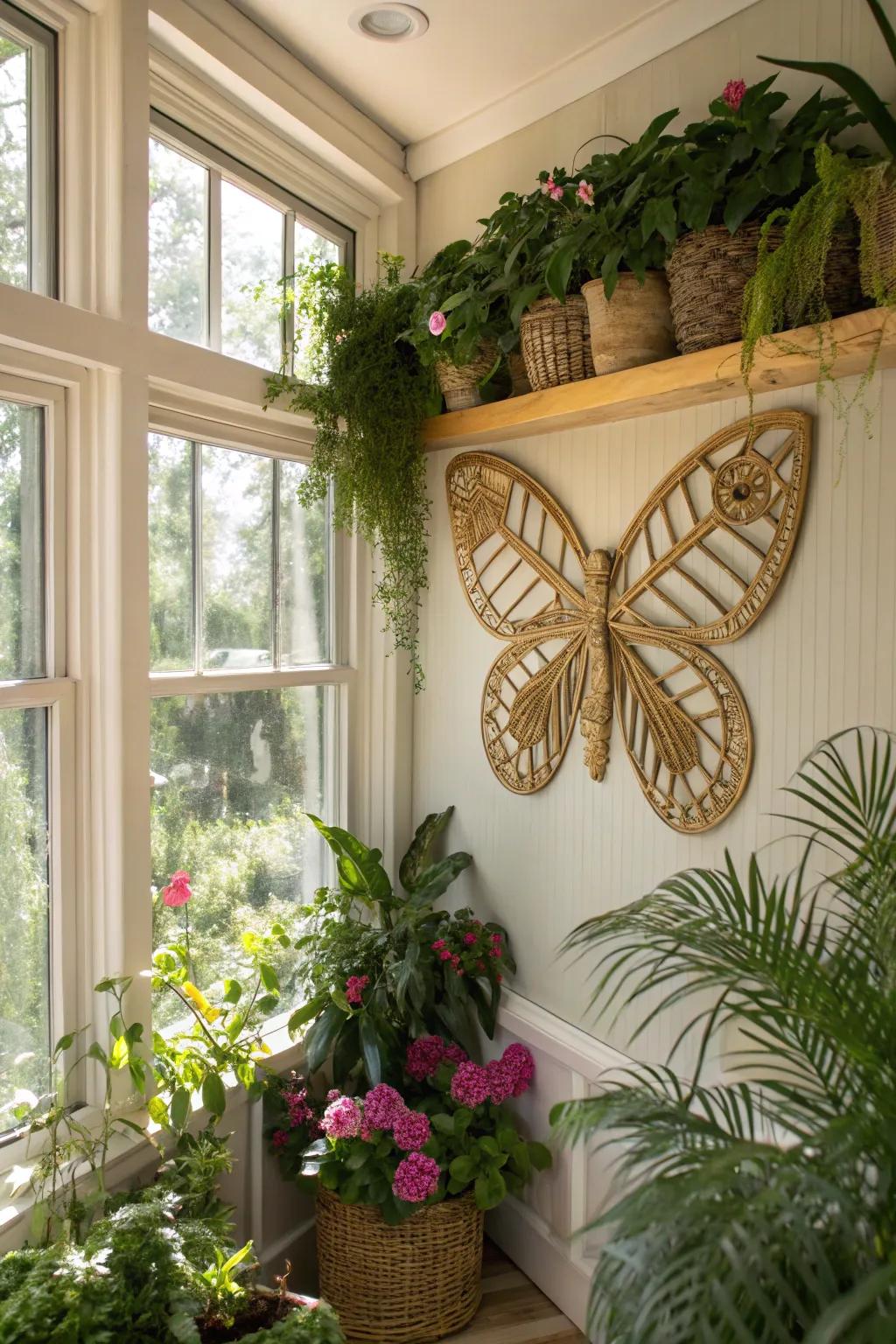 Rattan butterfly wall art brings a playful vibe indoors.