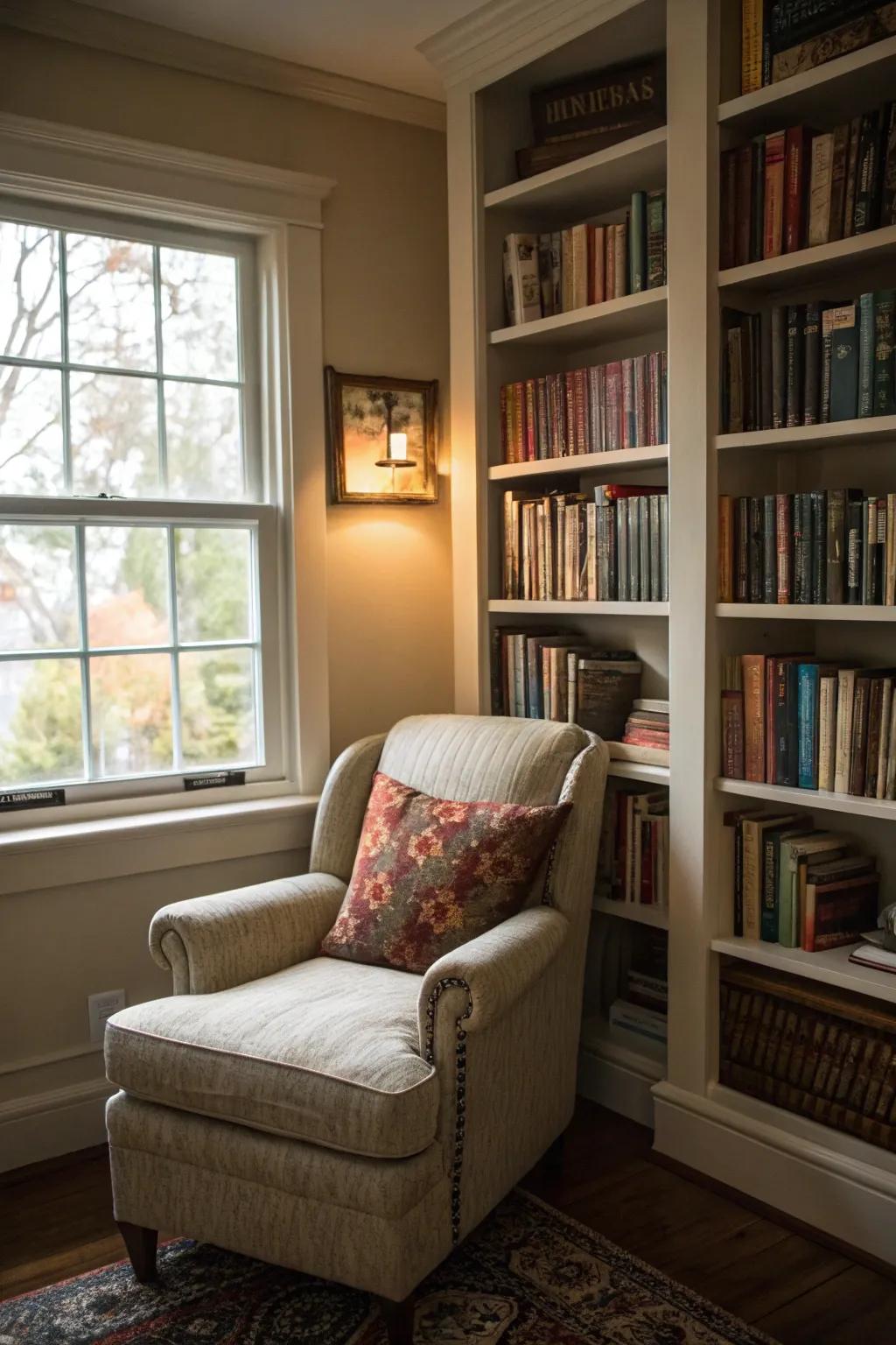 Small spaces can be transformed into cozy reading nooks.