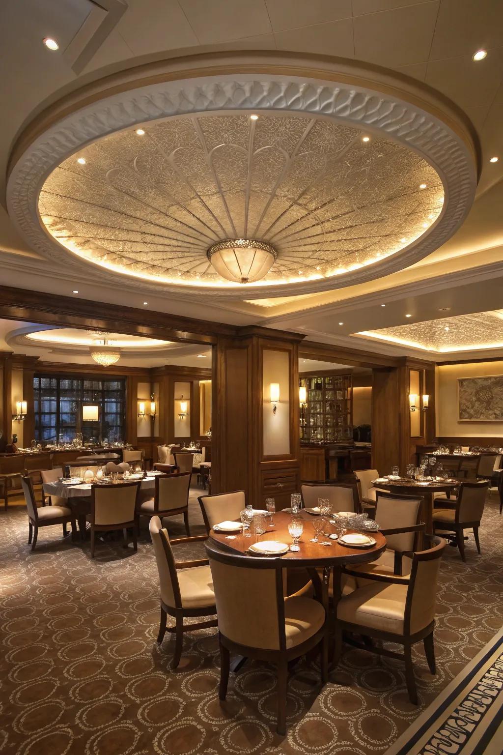 A dining area featuring a circular recessed ceiling.