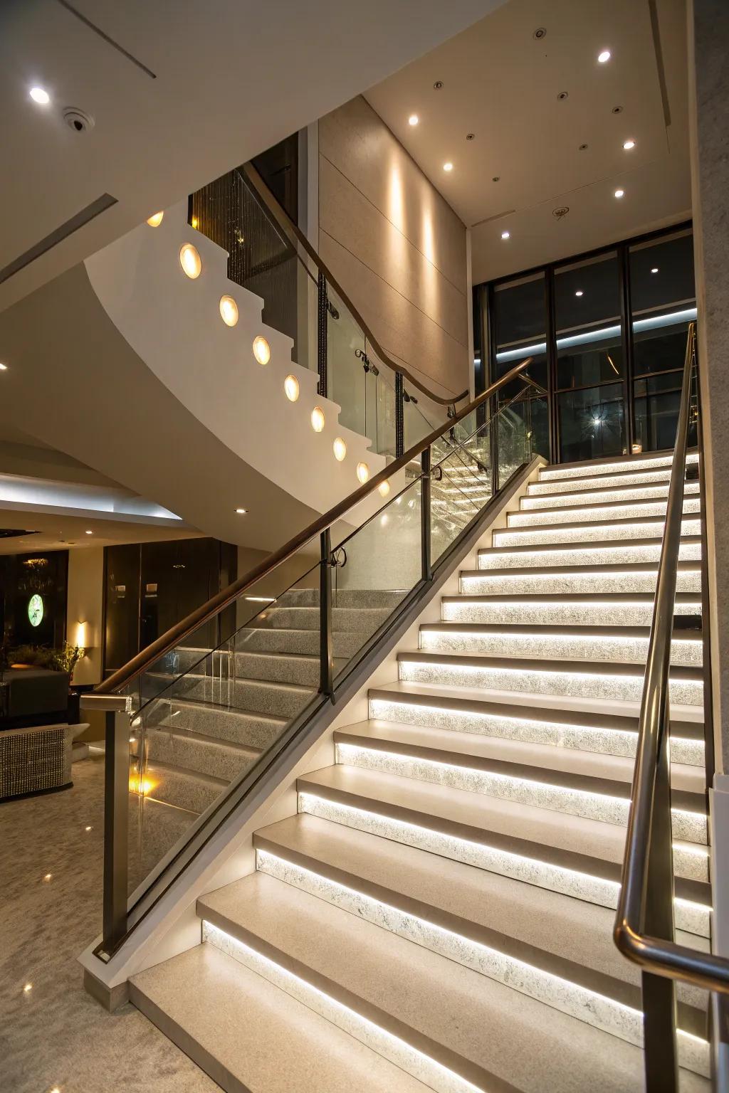 Illuminate your staircase with recessed lighting for a touch of elegance.